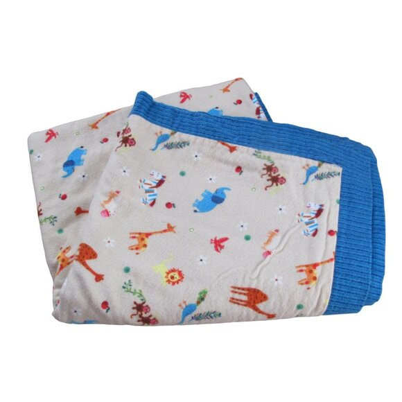 Handmade Swaddling Blanket Boys Size 47" x 41.5" Tan Blue Safari Animals Nursery - Picture 1 of 2